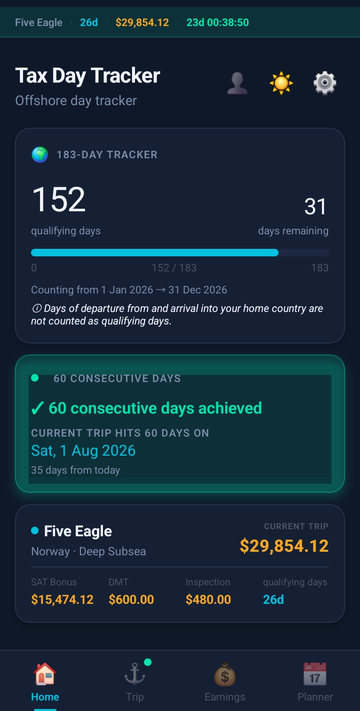 Tax Day Tracker home screen showing the 183-day tracker